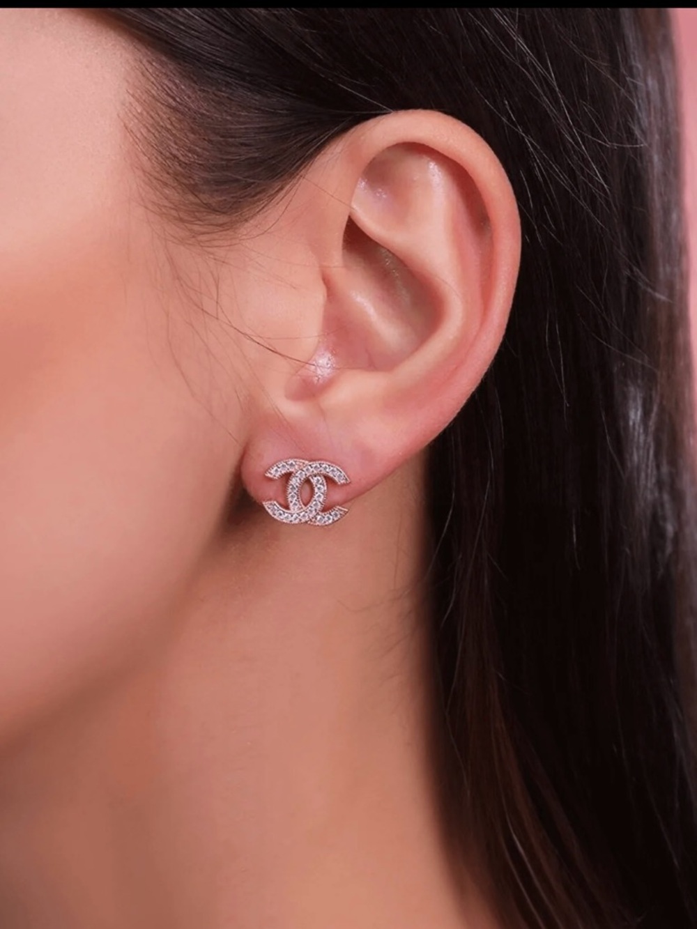 CHANEL  Crystal Interlocking CC Stud Earrings Big size